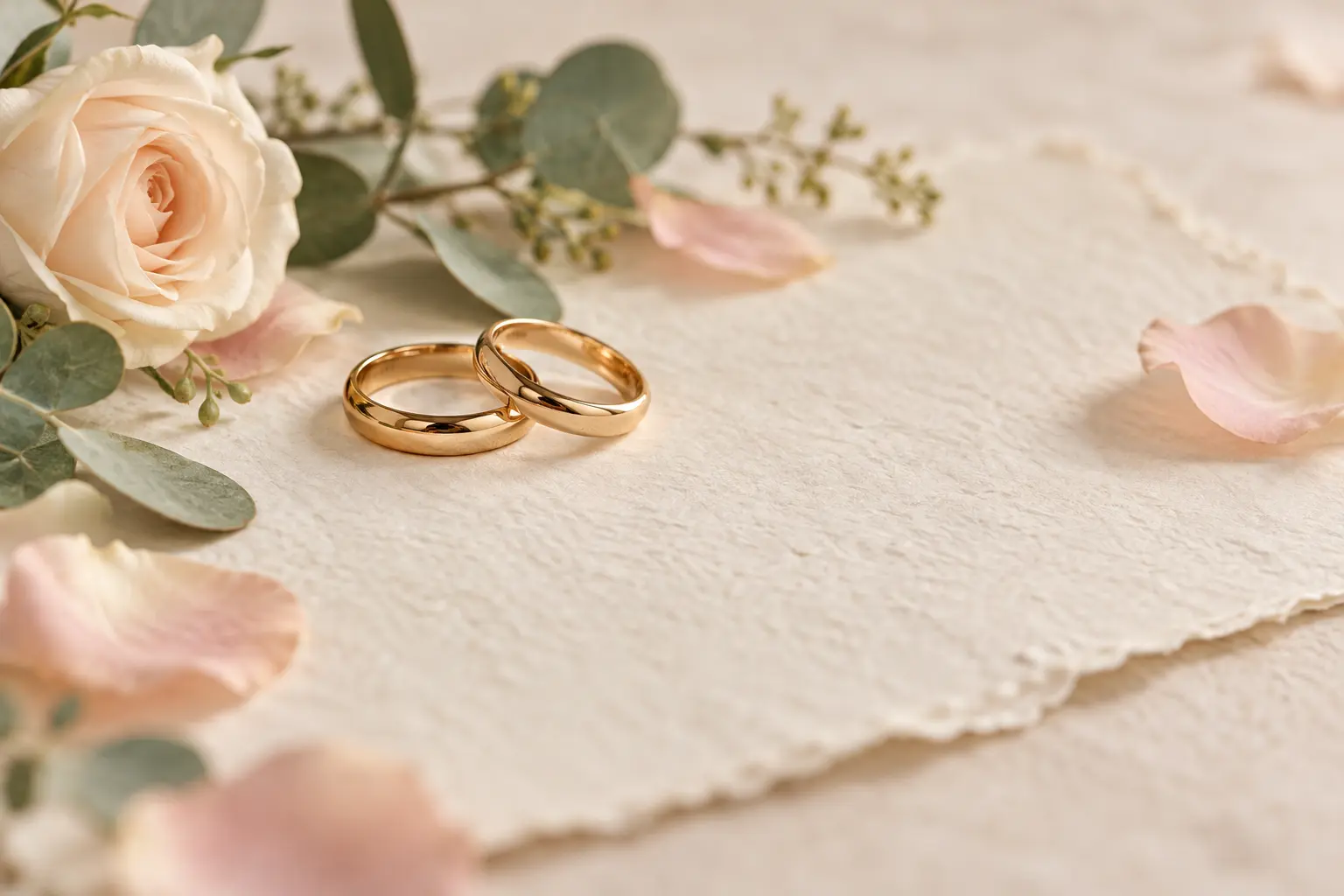 Anillos de boda sobre papel marfil, acompañados de flores rosas y blancas